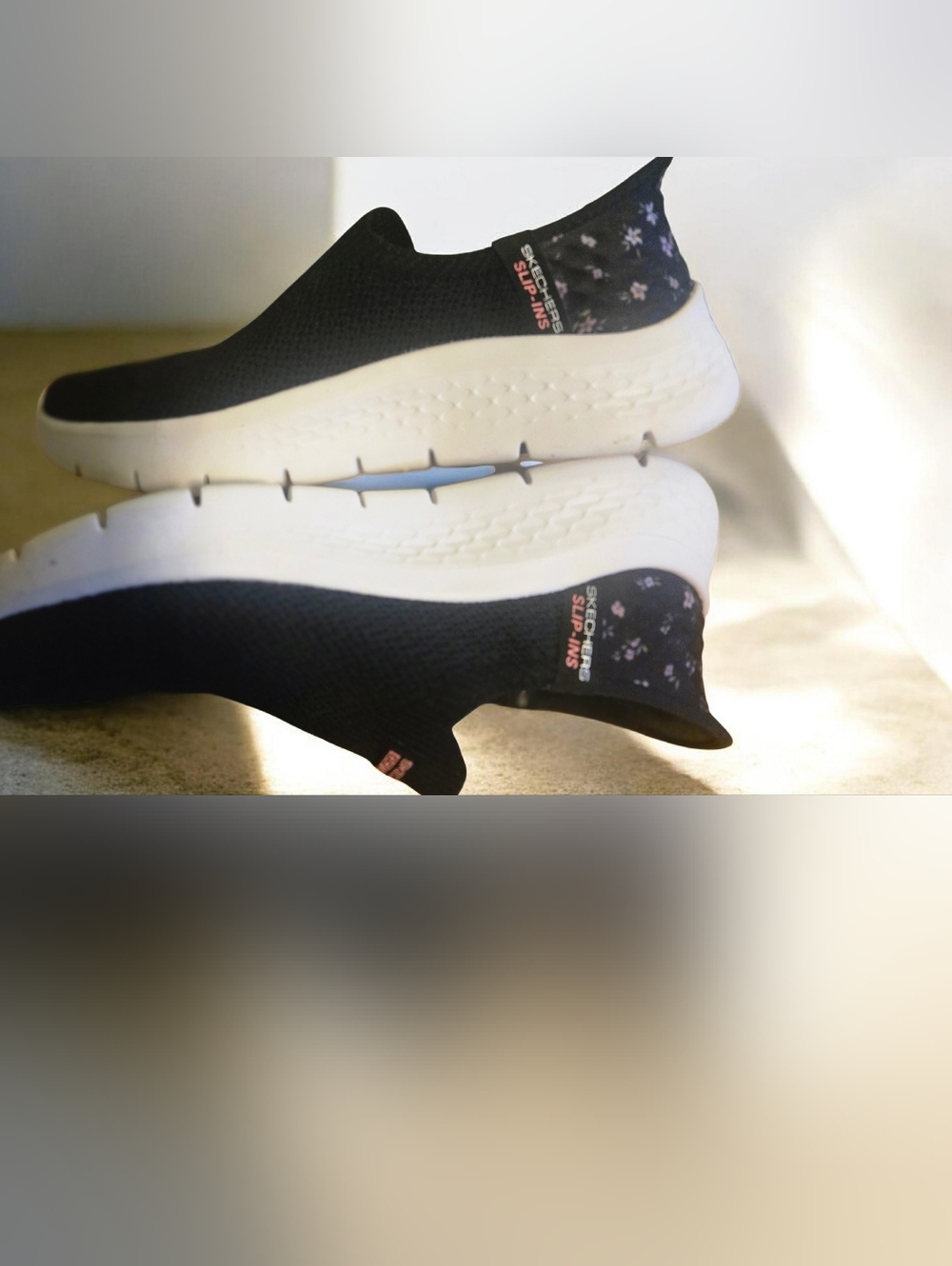 Skechers Women's Black Floral Slip-On Sneakers with White Sole Size 7 - Picture 4 of 9